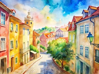 Naklejka premium Vibrant summer scene in Portugal, colorful buildings and historic architecture in Lisbon city, narrow streets, azulejo tiles, empty streets, warm sunny day.