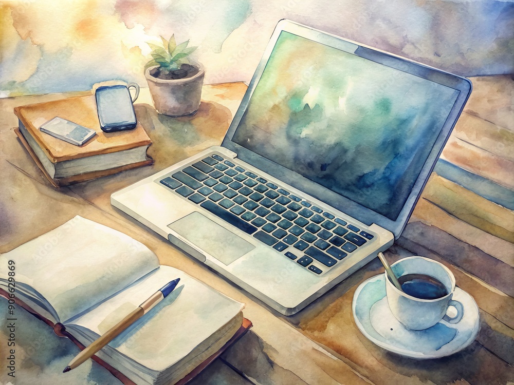 Aufkleber modern laptop computer on wooden desk with fingers typing on keyboard, surrounded by notebooks and c