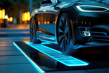 Modern electric car charging its battery using a wireless charging station in the city at night