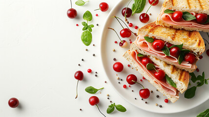 Cherry ham sandwich on a plate on a white background