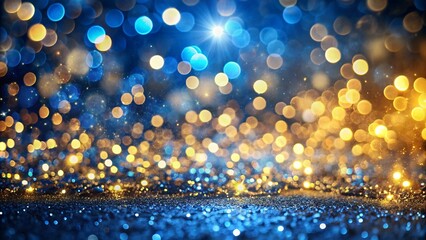 New Year's Eve background features a mesmerizing dance of blue and gold abstract shapes and shimmering bokeh lights, creating a dynamic and festive design perfect for ringing in the new year.