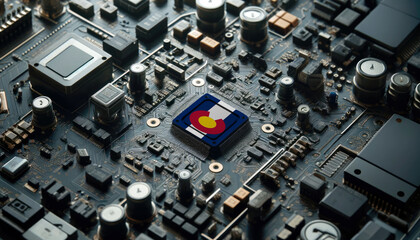 Fototapeta premium A high-tech circuit board showcasing a microchip with the Colorado flag, emphasizing Colorado role in pioneering advanced electronics and microtechnology innovations