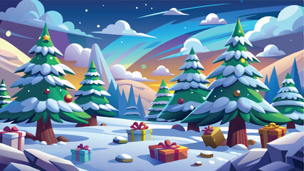 Snowy winter landscape with pine trees covered in snow, a cloudy sky with falling snowflakes and gift boxes in the foreground