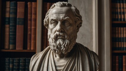 Naklejka premium marble bust of a philosopher in the library, stoic expression, classical library backdrop