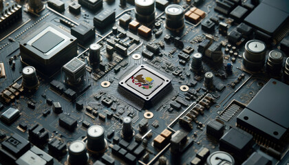 Fototapeta premium A high-tech circuit board showcasing a microchip with the Illinois flag, emphasizing Illinois role in pioneering advanced electronics and microtechnology innovations