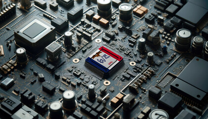 A high-tech circuit board showcasing a microchip with the Iowa flag, emphasizing Iowa role in pioneering advanced electronics and microtechnology innovations