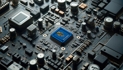 Fototapeta premium A high-tech circuit board showcasing a microchip with the Oklahoma flag, emphasizing Oklahoma role in pioneering advanced electronics and microtechnology innovations