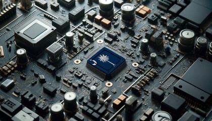 Fototapeta premium A high-tech circuit board showcasing a microchip with the South Carolina flag, emphasizing South Carolina role in pioneering advanced electronics and microtechnology innovations