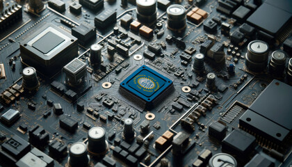 A high-tech circuit board showcasing a microchip with the South Dakota flag, emphasizing South Dakota role in pioneering advanced electronics and microtechnology innovations