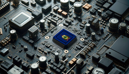 A high-tech circuit board showcasing a microchip with the Vermont flag, emphasizing Vermont role in pioneering advanced electronics and microtechnology innovations