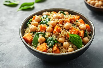 Nutritious grain bowl with quinoa, roasted sweet potatoes, chickpeas, and spinach, a satisfying and wholesome meal.
