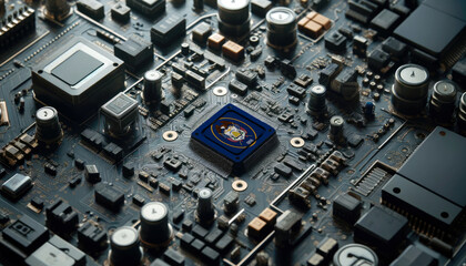 A high-tech circuit board showcasing a microchip with the Utah flag, emphasizing Utah role in pioneering advanced electronics and microtechnology innovations