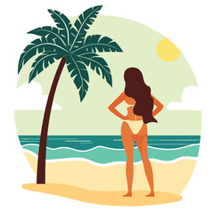 Woman standing beach beside palm tree looking ocean. Female bikini enjoys tropical seaside under sun. Beach vacation, relaxed holiday mood, travel destination concept