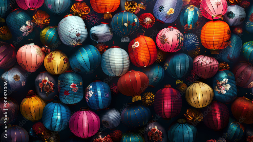 Aufkleber a colorful display of lanterns with flowers and other designs. the lanterns are of various sizes and