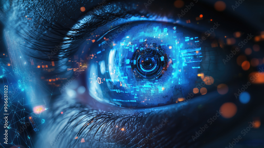 Aufkleber close up of an eye with digital interface and futuristic technology graphics overlay. concepts of in