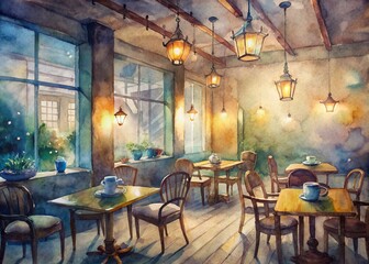 Cozy cafe ambiance with warm lighting, rustic wooden tables, and vintage decorations, inviting a sense of comfort and relaxed conversation over steaming cups.