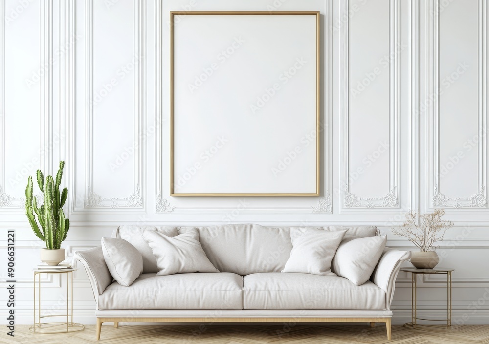 Canvas Prints 3d rendering of a Scandinavian style living room with two vertical metal frames.