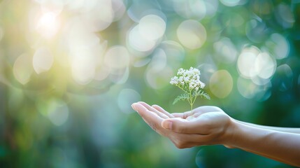A hand holding a small plant, symbolizing growth, nurturing, and the beauty of nature in a serene environment.