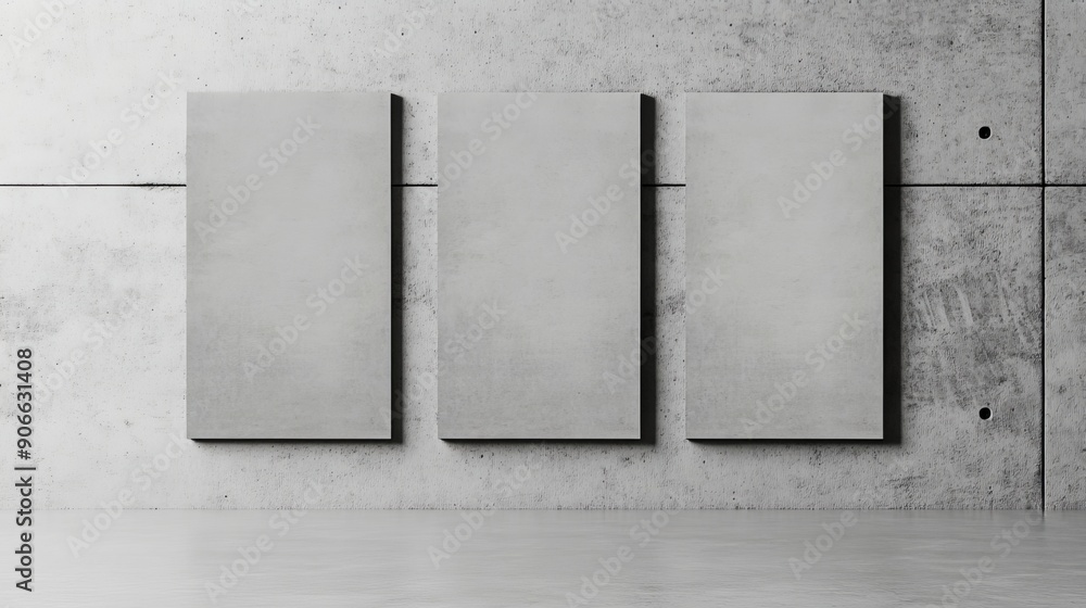 Poster The top view of three white A4 paper sheets on a gray background. High resolution 3D render. Personal branding mockup template. Soft shadow.