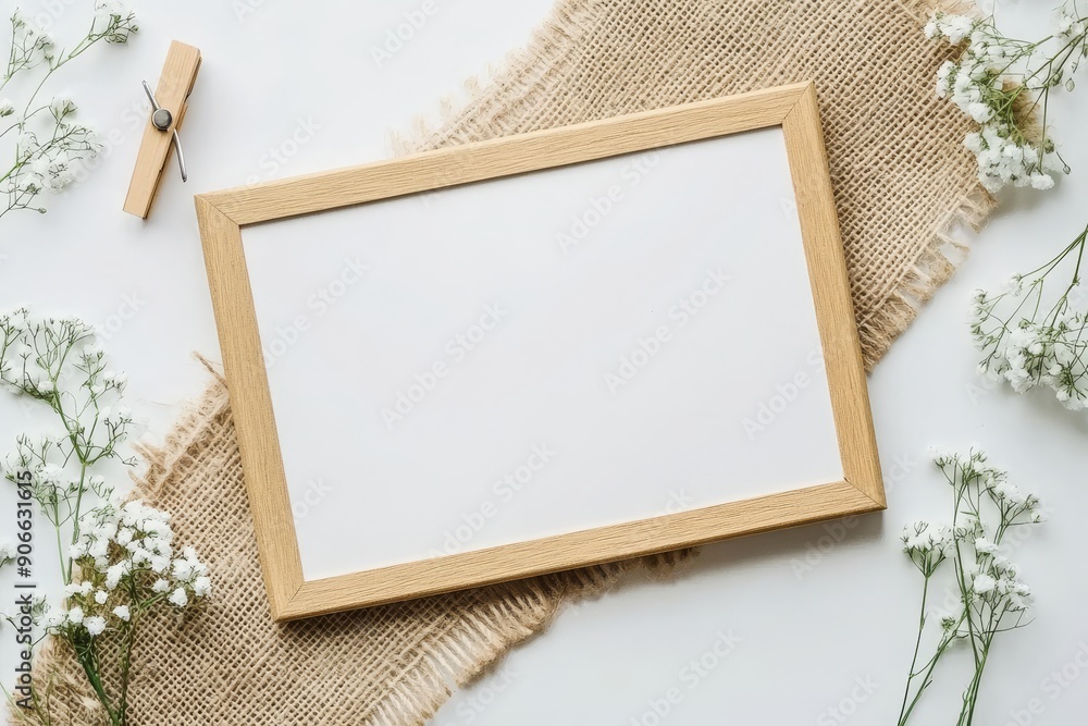 Sticker Wooden frame with mockup card and white flowers