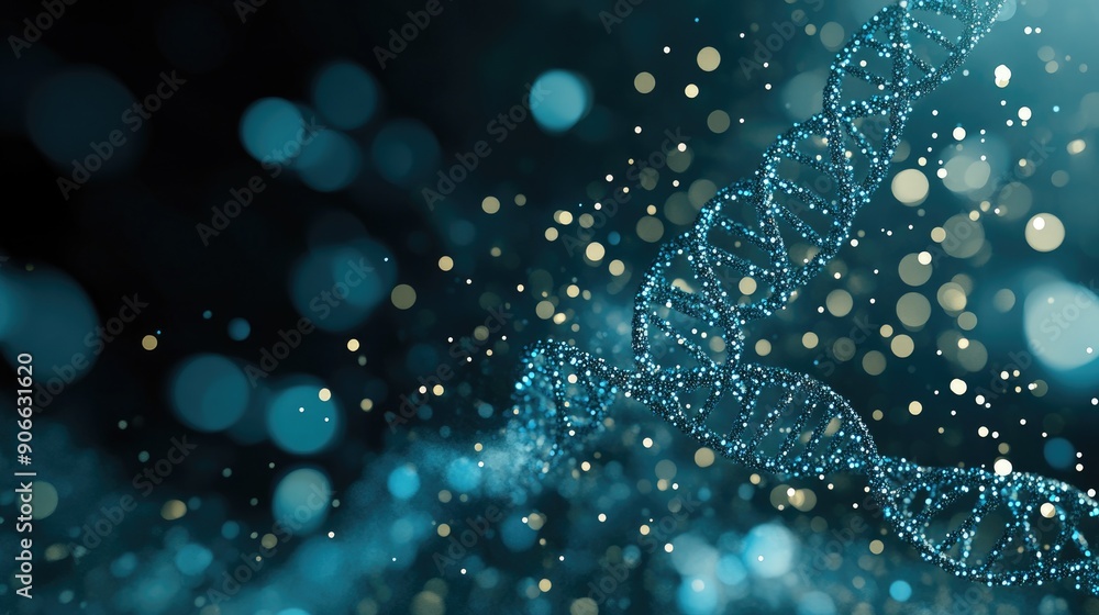 Poster a close-up view of a dna helix surrounded by luminous blue particles, creating a mesmerizing visual 