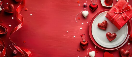 Romantic Valentine's Day Table Setting with Red Hearts and Gift