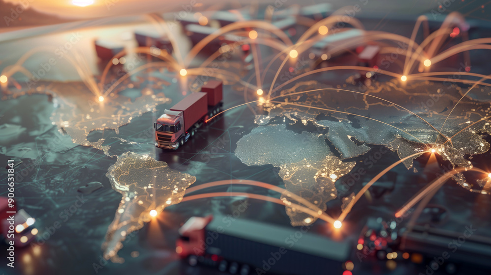 Aufkleber trucks on global map with digital networking lines and illuminated continents. representation of glo