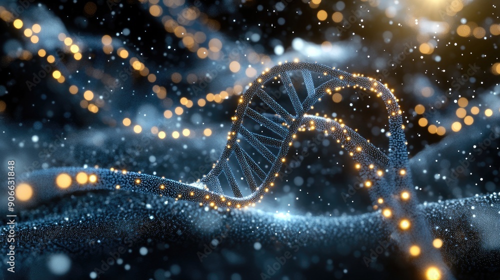 Poster a close-up view of a dna helix surrounded by luminous blue particles, creating a mesmerizing visual 