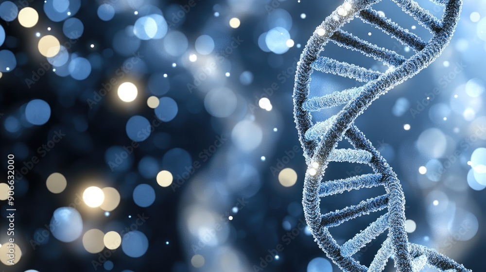 Poster a close-up view of a dna helix surrounded by luminous blue particles, creating a mesmerizing visual 