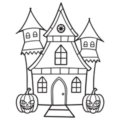 Halloween haunted house vector, black and white Halloween Haunted House coloring Page