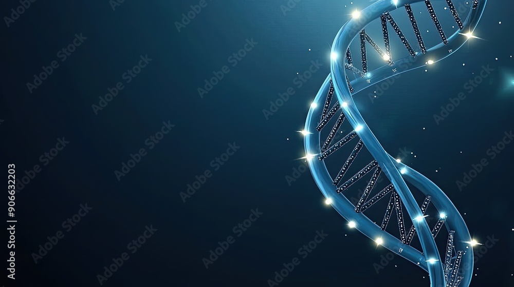 Poster a close-up view of a dna helix surrounded by luminous blue particles, creating a mesmerizing visual 