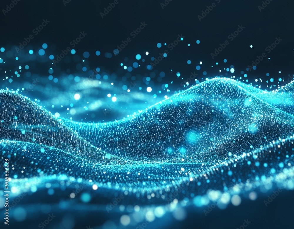 Poster Abstraction of particle science in dark blue and glow
