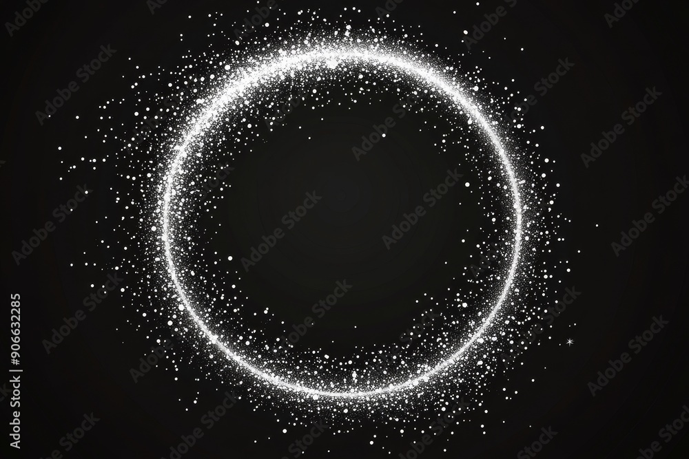 Poster on black background, silver glitter sparkles in a circle frame and grey spark particles scattered li