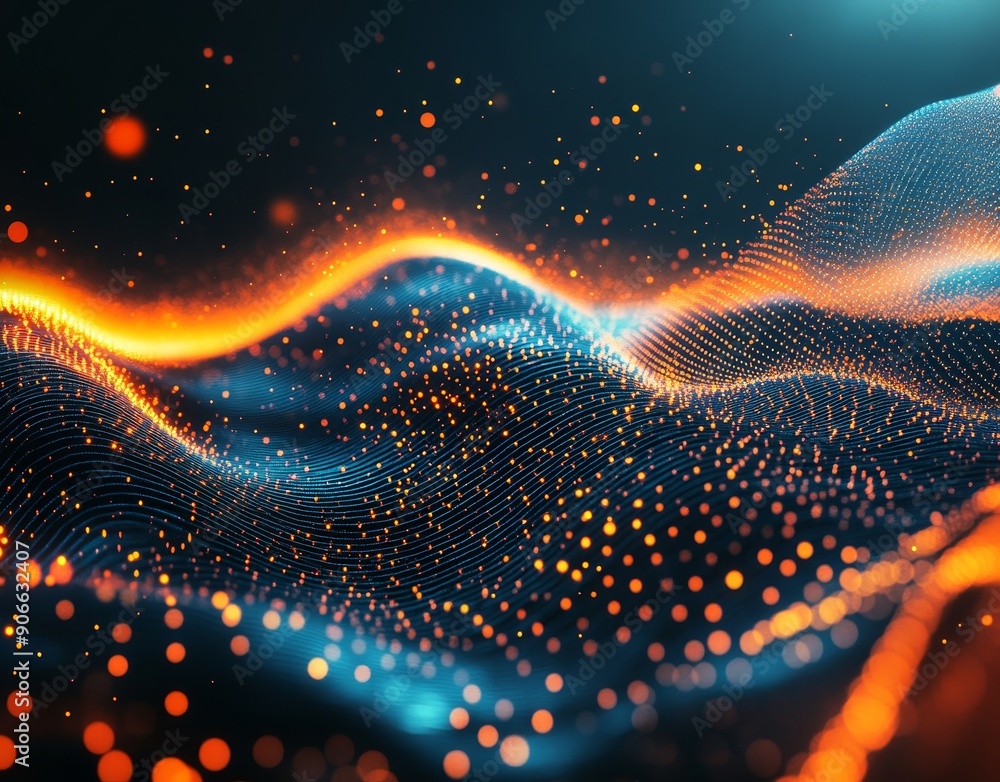Poster flowing multicolor magic poly particles with bokeh light effects from golden particles