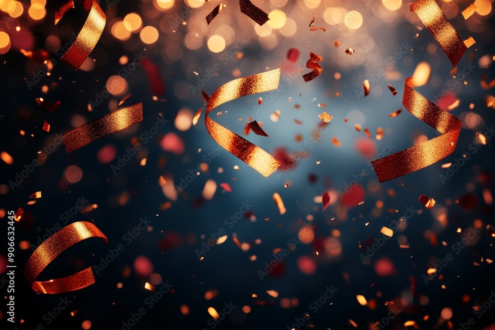 Poster celebration background with bokeh effects of golden confetti shimmering in red light