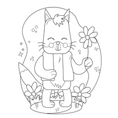Childrens drawings coloring page. Happy wolf holding a flower surrounded by colorful flowers in a joyful outdoor setting