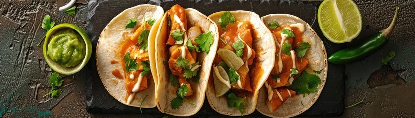 Delicious close-up of three gourmet tacos filled with chicken, fresh vegetables, and garnished with lime and cilantro.