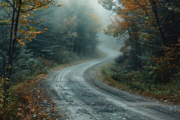 Obraz premium A road with a lot of trees and leaves on the ground. The road is wet and muddy