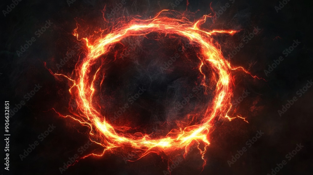 Poster lightning circle, circular halo with sparks and crackling effects, dark background, cinematic effect