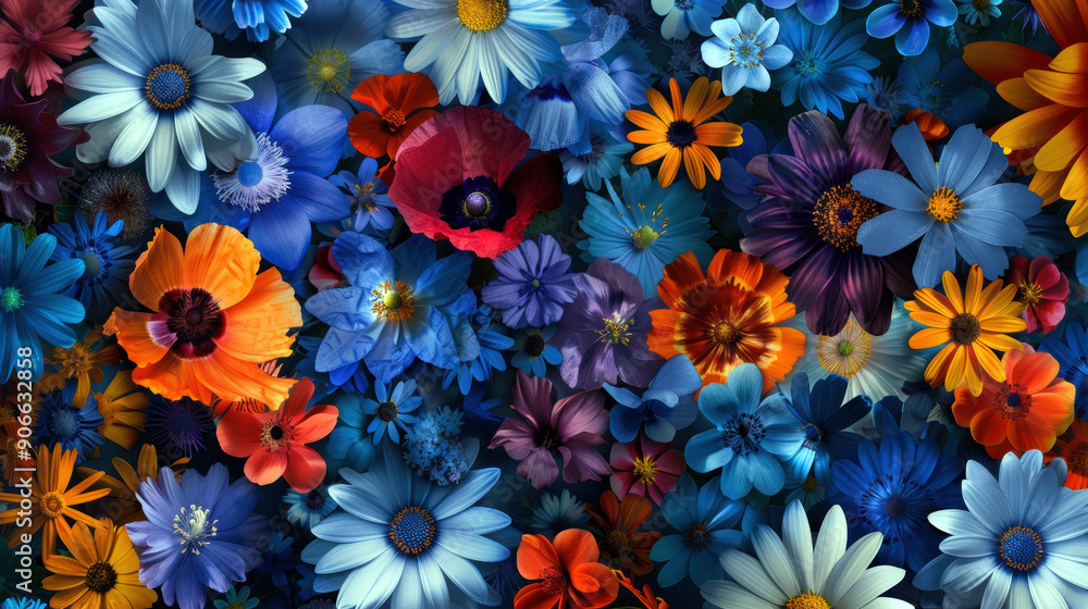 Poster a colorful flower arrangement with many different types of flowers. the flowers are arranged in a wa