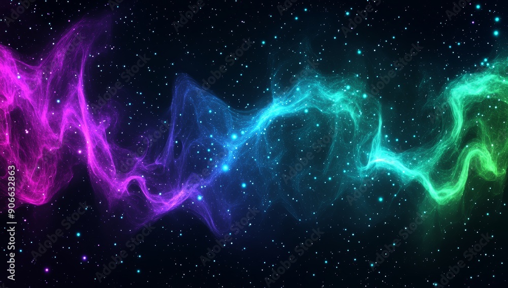 Poster with particles in purple and green waves and dots in stars, this abstract background features a purp
