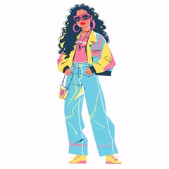Stylish woman in y2k outfits. Retro style 80s, 90s. Cartoon bright full-length illustration