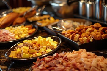 A vibrant display of delicious breakfast items awaits guests, featuring an array of cheeses, pastries, and fresh fruits.