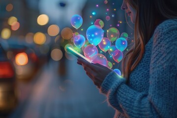 A person interacts with a mobile app, where vibrant chat bubbles light up against a blurred, illuminated urban backdrop.