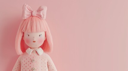 Handmade doll in pink on a pink background with space for your text