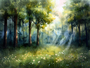 Obraz premium A painting of a forest with a field of flowers in the foreground. The mood of the painting is peaceful and serene, with the sunlight filtering through the trees and illuminating the flowers