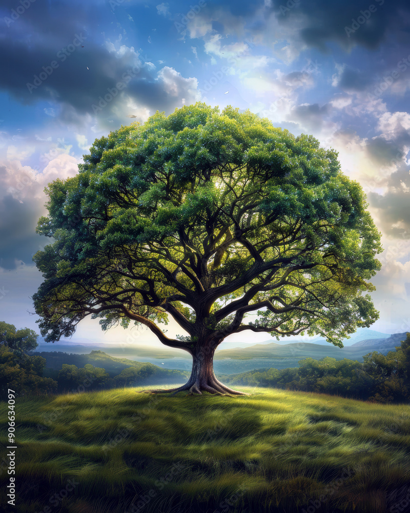 Poster a large tree is standing in a field with a clear blue sky above it. the tree is surrounded by grass 