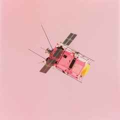 Medium shot of a satellite, isolated on a solid light pastel white background, bright and vivid tonality, in the style of product photography. 