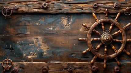 Fotobehang Nautical wooden ship steering wheel on old planks © KaysArt