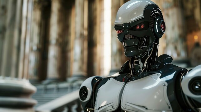 A close-up shot of a robot standing in a modern building, possibly on a mission or carrying out maintenance